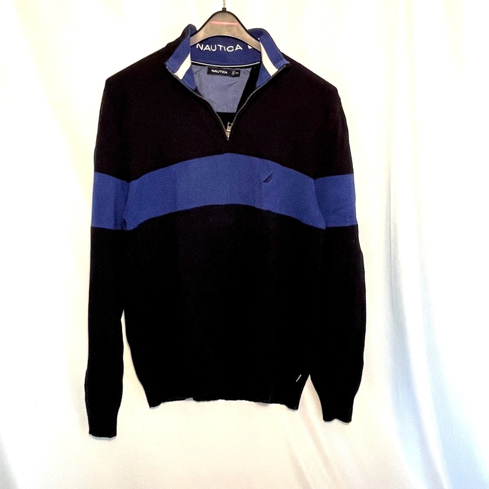 Nautica Men 2XL Black Blue Striped 1/4 Zip High Collar‎ Pull Over Cotton Sweater